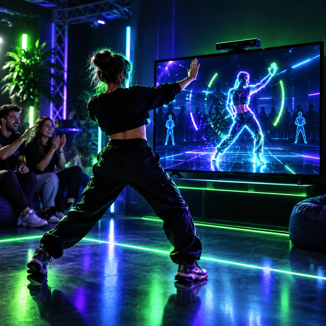 Гость управляет игрой движениями перед экраном Kinect