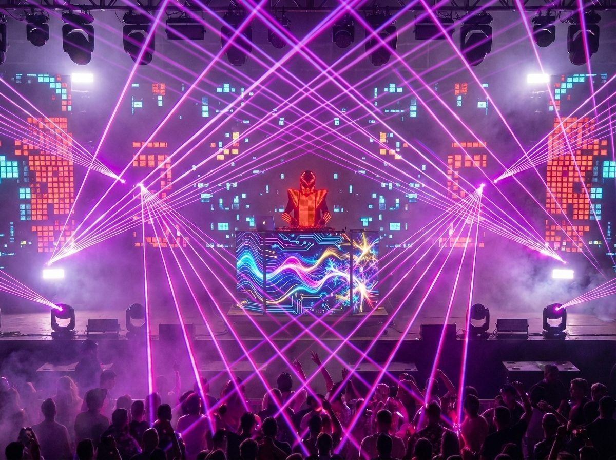 PIXEL DJ — диджей в пиксельной маске на сцене с лазерами